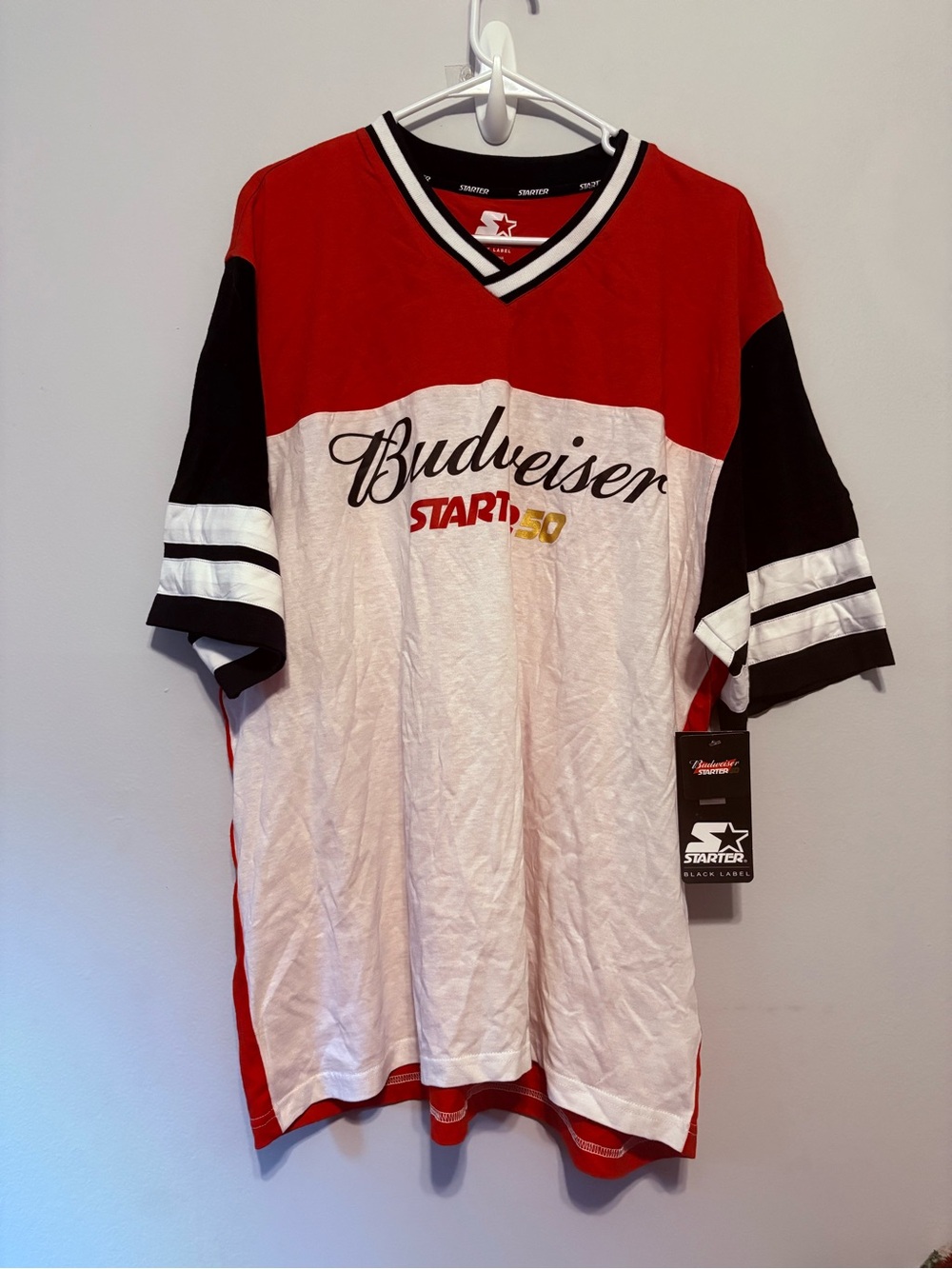 Budweiser Starter 50th Anniversary Red White and Black Colorblock Jersey Tee
